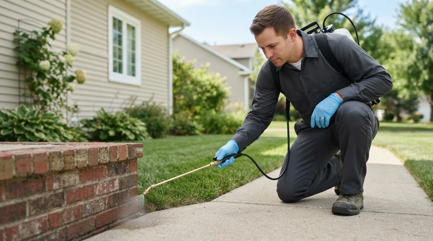 Pest control technician treating a home near Economy, IN