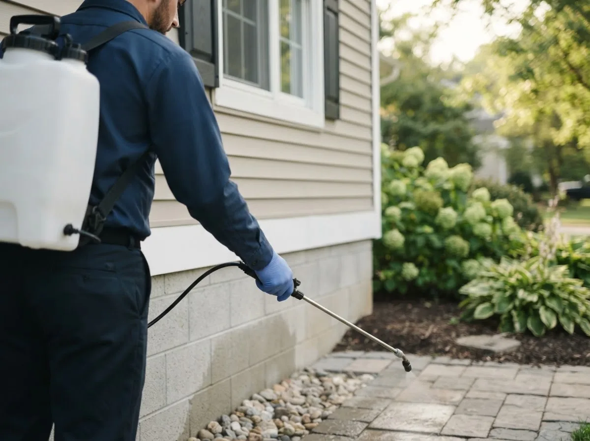 Pest control technician inspecting a home in Economy, IN